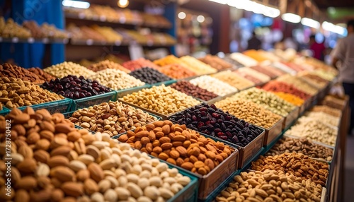 Assorted nuts and dried fruits in market stalls