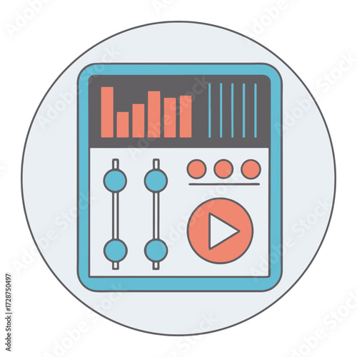 Digital music production mixer icon featuring equalizer levels play button and knobs 