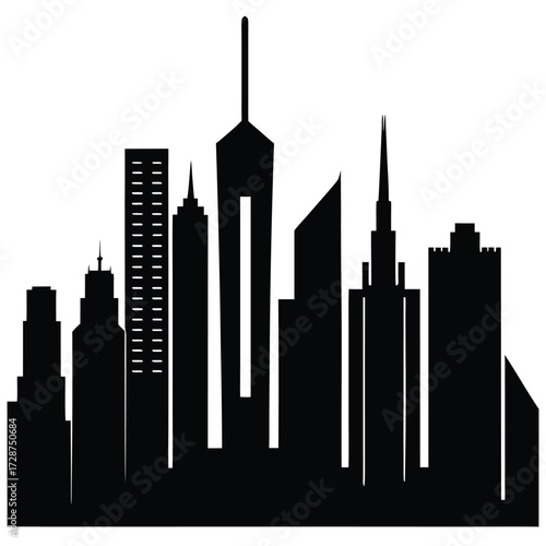 Diverse City Skyline Silhouette with Varied Building Heights and Shapes