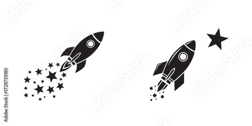 Black and White Rocket Illustrations with Stars Representing Launch and Ambition