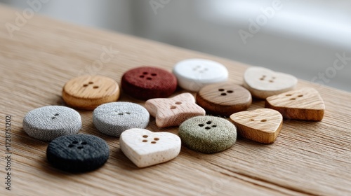 Collection of Wooden Buttons with Various Shapes and Textures on Wood Surface Cozy Handmade Craft Supplies Soft Lighting