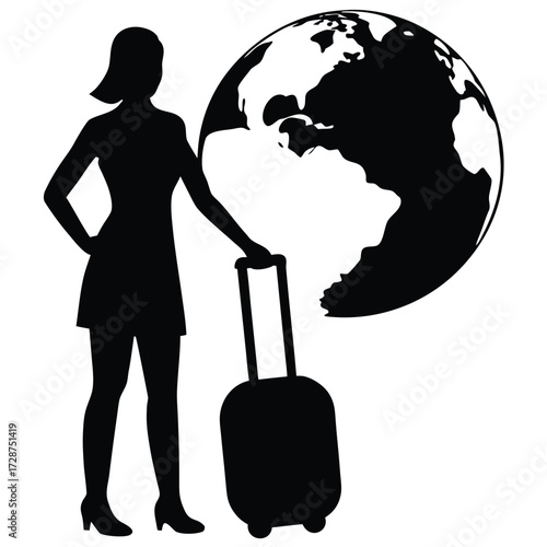 Silhouette of a woman with suitcase standing next to a globe on white background female travel