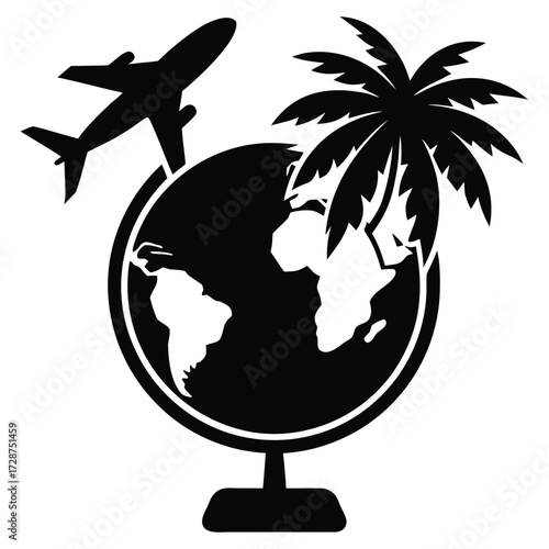 Silhouette of globe with airplane and palm tree on white background