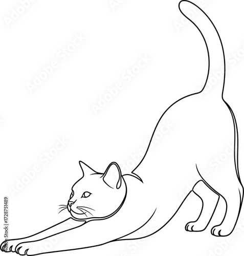 A simple black and white line art illustration of a domestic cat stretching with an arched back and raised tail.