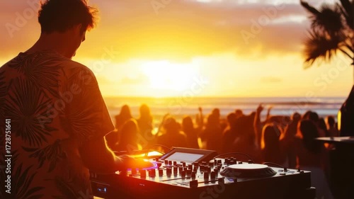 A DJ mixes music as the sun sets over the beach, creating a lively atmosphere. People dance and enjoy the warm evening by the ocean, celebrating together under colorful skies.