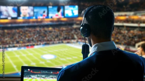 A sports commentator gives live commentary at a bustling stadium filled with fans. The atmosphere is charged as they discuss game strategies and player performances.