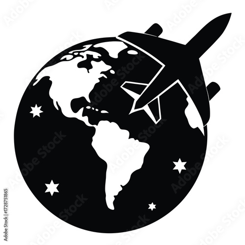 Airplane flying around silhouette of planet Earth with stars globe