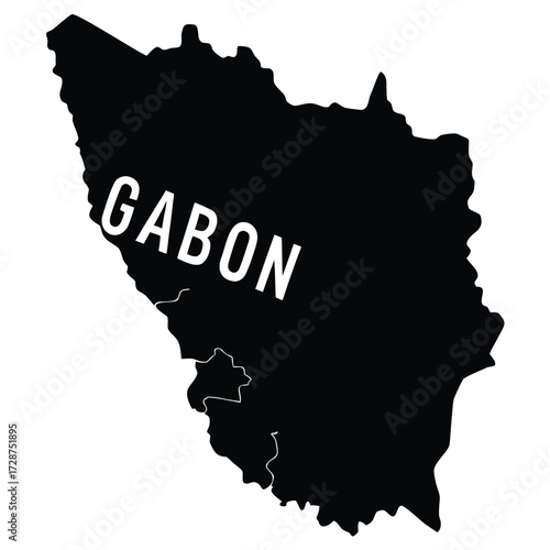 Black silhouette map of Gabon with white text on white background