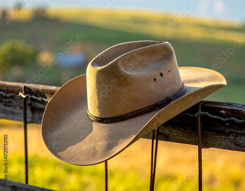 Cowboy hat on a rustic fence, golden hour