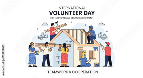 Flat vector poster design showing volunteers from different cultures helping build community housing, teamwork and cooperation theme, celebrating International Volunteer Day 