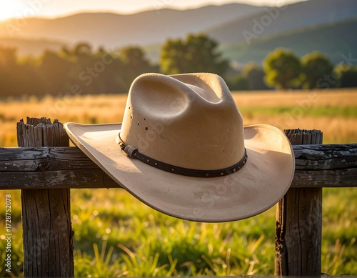 Cowboy hat on a rustic fence at sunset