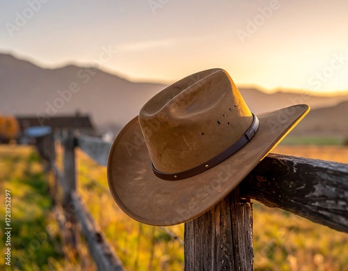 Cowboy hat resting on a rustic fence post at sunset