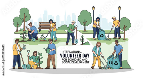 2D flat vector illustration of diverse volunteers working together to plant trees and clean up a city park, symbolizing International Volunteer Day for Economic and Social Development, 