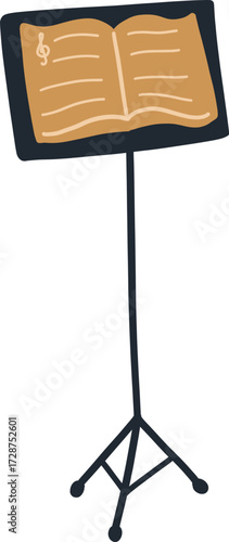 A music stand holds an open book with sheet music and a treble clef