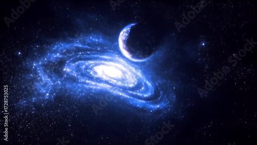 Spectacular spiral galaxy with a celestial planet in deep space background animation