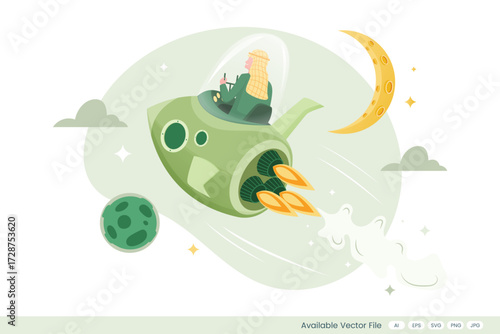 A person in a headscarf pilots a green rocket past a moon and planet