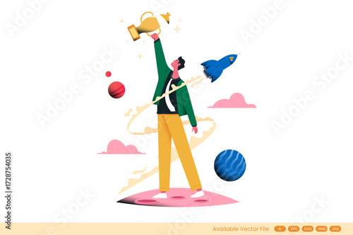 A person stands on a planet holding a trophy with a rocket flying overhead