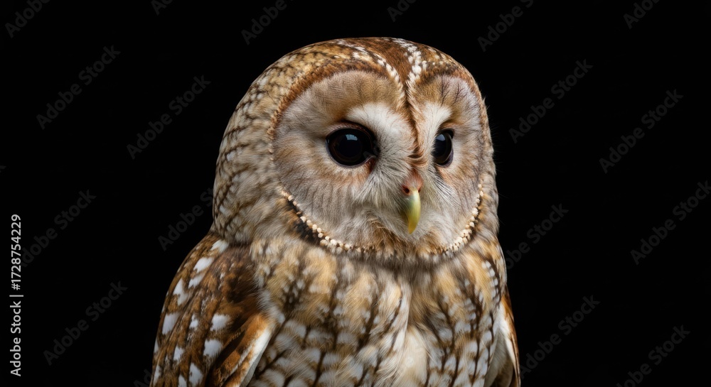 Fototapeta premium Close-up of a tawny owl, detailed plumage, against a black background
