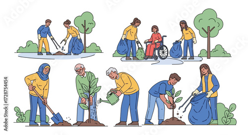 2D flat vector illustration of diverse volunteers working together to plant trees and clean up a city park, symbolizing International Volunteer Day for Economic and Social Development, 