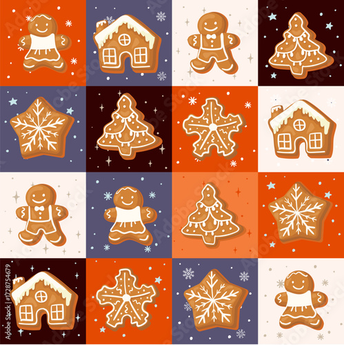 Christmas patchwork seamless pattern with Christmas dessert. Gingerbread houses, cookies hand drawn in winter holiday mosaic background. Tasty quilt vector print, wallpaper, wrap, gift paper, textile.