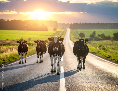 Cows on a road at sunset