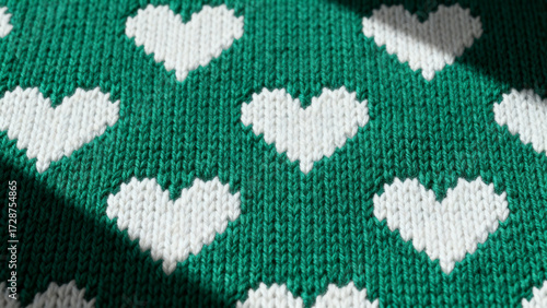 Bild auf Leinwand GreenKnitFabricWithWhiteHearts