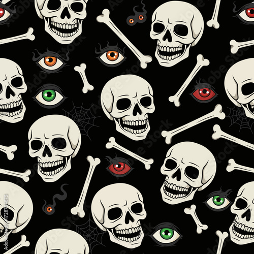 Seamless pattern with skulls, bones, and colorful eyes on a black background, creating a spooky and decorative design.
