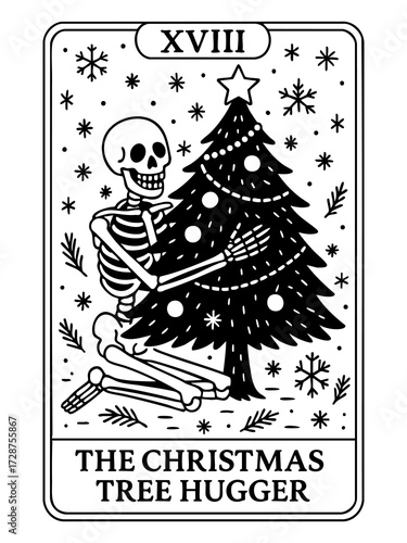 skeleton hugging christmas tree festive tarot card joyful black and white holiday illustration concept of seasonal retail concept of holiday promotion