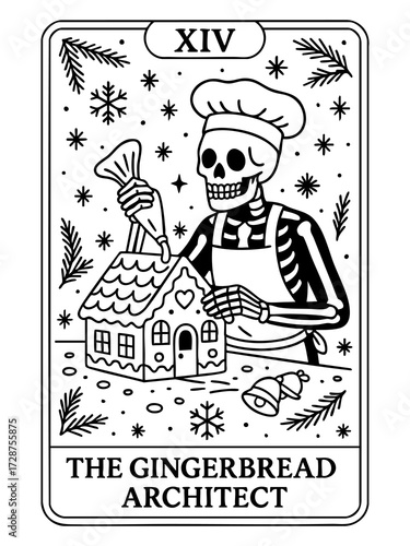 skeleton baker decorating gingerbread house with icing christmas tarot card festive holiday illustration concept of seasonal retail concept of holiday promotion