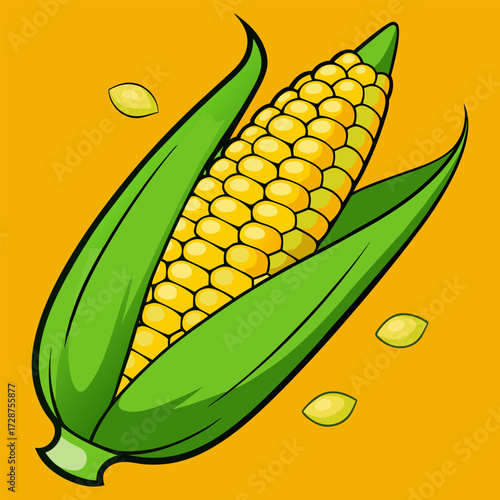 visual, stock, sparkle, smooth, rich, render, pop, lighting, isolate, glossy, detailed, colourful, clipping, clip art. Fresh corn on the cob with yellow kernels green sweet organic vegetable food.