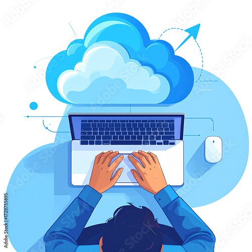 Overhead view of a person working on a laptop with a large cloud graphic above