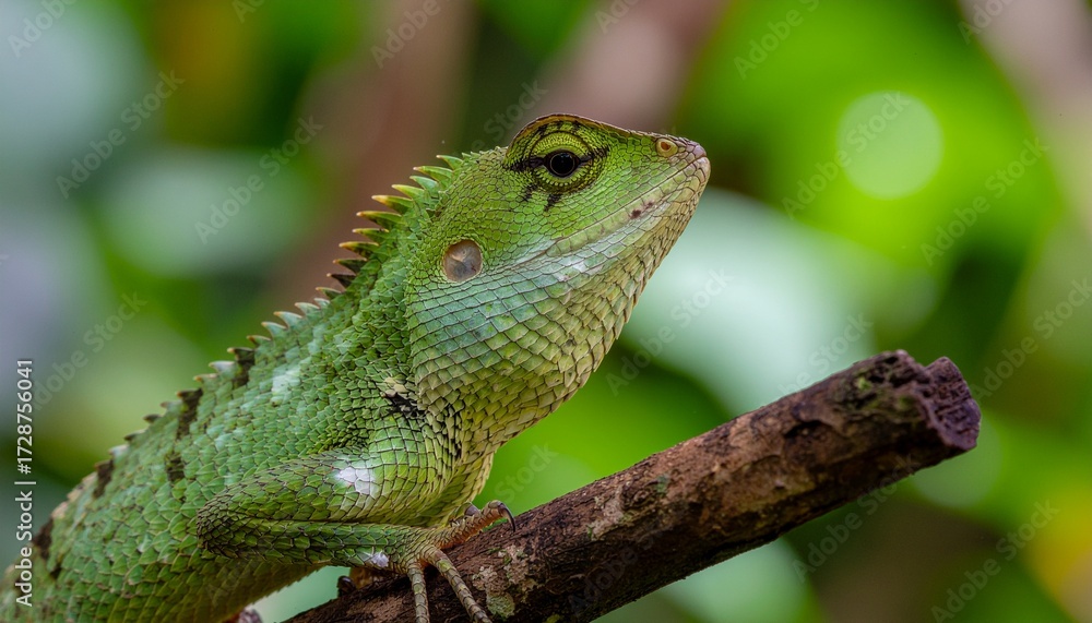 Obraz premium Elegant Green Crested Lizard on a Branch, Tropical Beauty Captured in Sharp Focus, Emerald Crested Forest Lizard basking on branch in Sri Lankan rainforest
