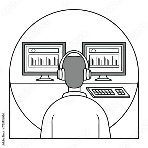Music production icon person with headphones and dual monitors working on audio engineering 