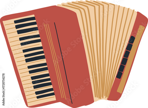 A red accordion with creamcolored bellows and black keys