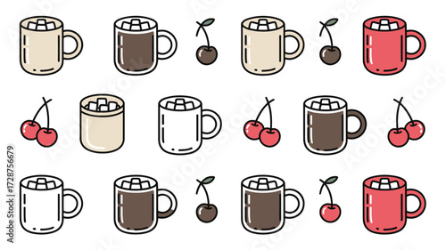Illustration of mugs with marshmallows and cherries arranged in a pattern on a white background
