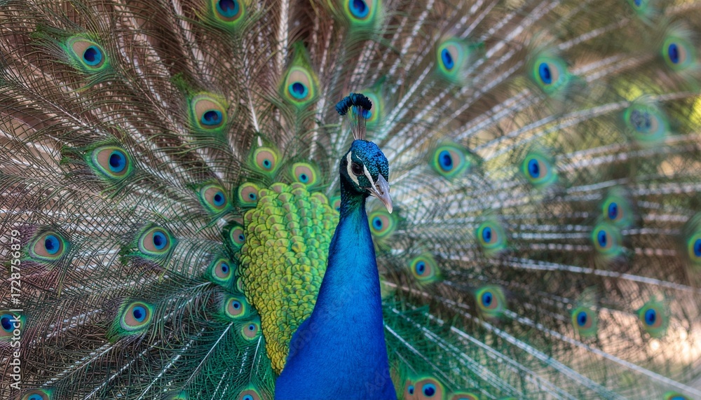 Obraz premium Majestic Peacock Displaying Brilliant Plumage with Intricate Eye Spots, A Male Peacock Showcasing Its Elaborate Fan of Feathers to Attract a Mate