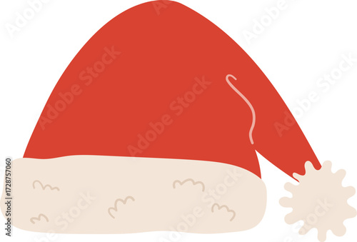 A red Santa hat with a white trim and pompom
