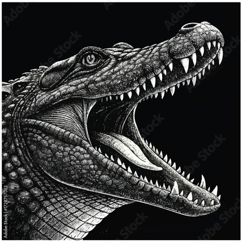 Crocodile Head Vector Engraving, Detailed Reptile Portrait with Open Mouth, Sharp Teeth, and Scaly Skin vector