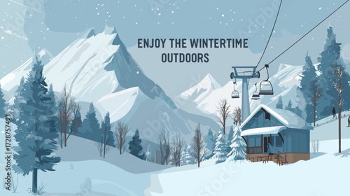 winter landscape skis and gondola, snowy mountains, blue, white, gray colors, "ENJOY THE WINTERTIME OUTDOORS". pine trees, small houses, and a cable car, advertising poster, social media post template