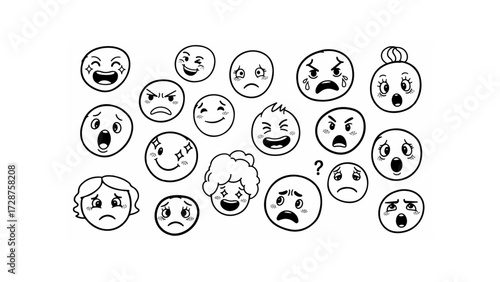 Black and white cartoon illustration of various emotional faces expressing different feelings and expressions neatly arranged