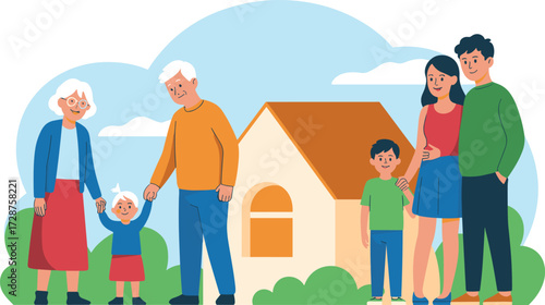 Family portrait, multigenerational group, elderly support, children bonding, standing together, house background, community unity, smiling faces, outdoor scene, inclusive gathering