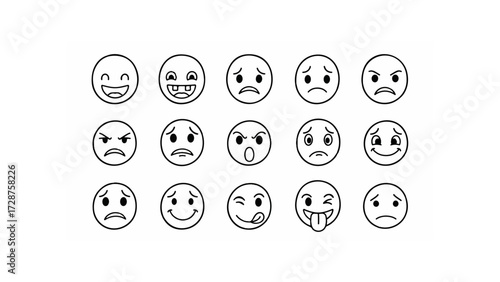 Collection of fifteen hand drawn simple face expressions showing different emotions in a white background