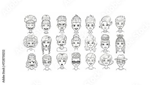 A collection of twenty four hand drawn cartoon faces with various hairstyles and expressions in black and white