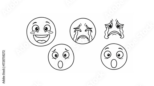 Cartoonish egg shaped faces displaying a range of emotions in black and white line art style drawing