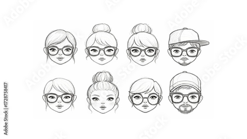 Collection of eight sketched faces with various hairstyles and glasses on a white background art design