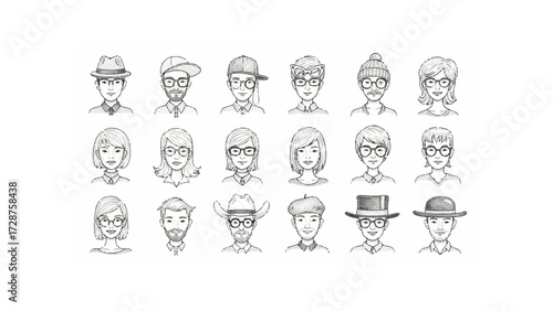Collection of sketched faces with various hairstyles and headwear in a grid arrangement style image