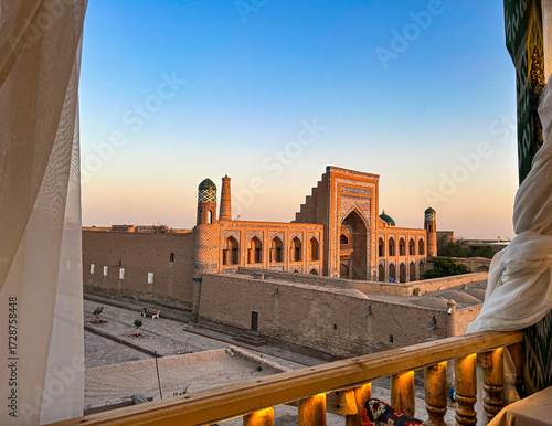 Sunset time over the Itchan Kala old town citadel of Khiva, Khiva, Uzbekistan 