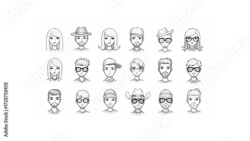 Collection of twenty one hand drawn faces with various hairstyles and accessories in black and white style