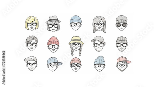 Collection of diverse hipster faces wearing glasses and various hats in a sketch style illustration