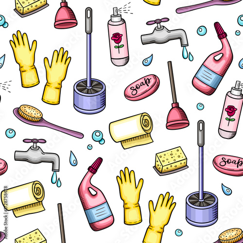 A repeating pattern of cleaning supplies and tools on a white background